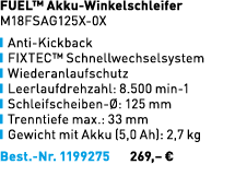 FUEL™ Akku Winkelschleifer M18FSAG125X 0X ￼ Anti Kickback ￼ FIXTEC™ Schnellwechselsystem ￼ Wiederanlaufschutz ￼ Leerl...