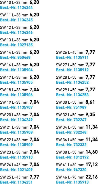 SW 10 L=38 mm 6,20 Best. Nr. 1134244 SW 11 L=38 mm 6,20 Best. Nr. 1134245 SW 12 L=38 mm 6,20 Best. Nr. 1134246 SW 13 ...