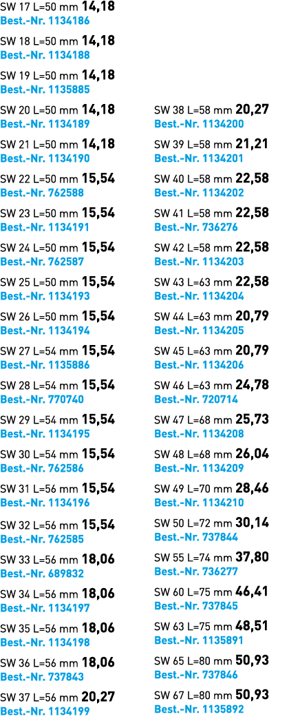 SW 17 L=50 mm 14,18 Best. Nr. 1134186 SW 18 L=50 mm 14,18 Best. Nr. 1134188 SW 19 L=50 mm 14,18 Best. Nr. 1135885 SW ...