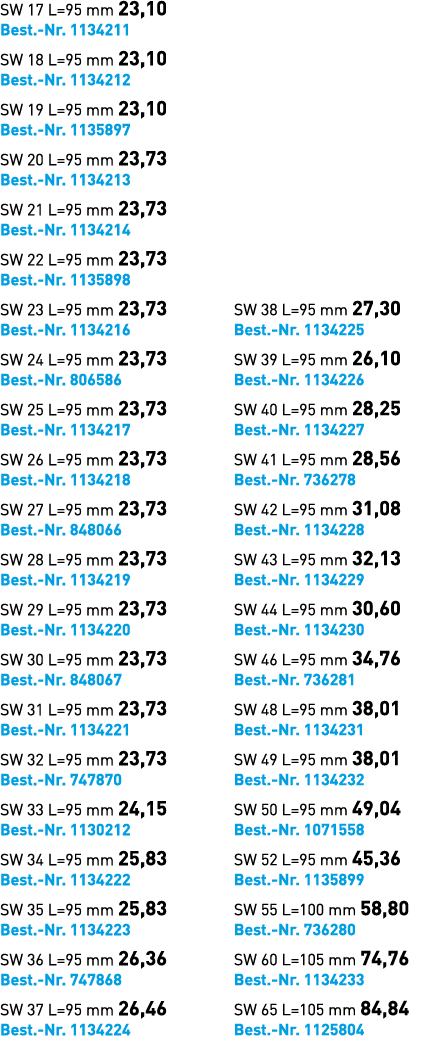 SW 17 L=95 mm 23,10 Best. Nr. 1134211 SW 18 L=95 mm 23,10 Best. Nr. 1134212 SW 19 L=95 mm 23,10 Best. Nr. 1135897 SW ...