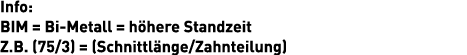 Info: BIM = Bi Metall = h here Standzeit Z.B. (75/3) = (Schnittl nge/Zahnteilung)